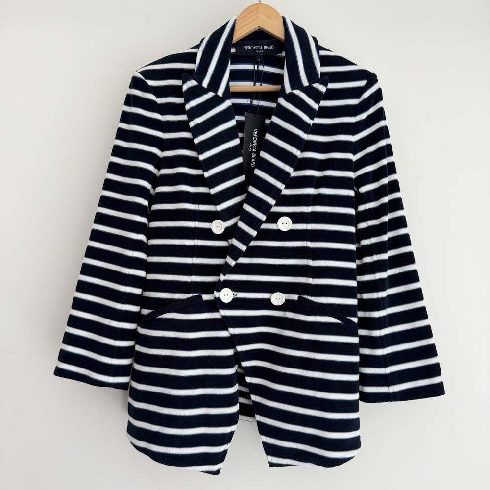 Veronica Beard Ortiz Jacket Medium Navy White Striped Double Breast Terry Cloth